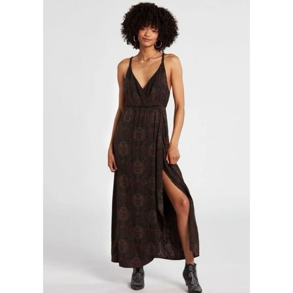 NWT Volcom Vinyl Club Surplice Neckline Dark Paisley High Leg Slit Dress S